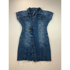 Free People Denim Button Down Mini Dress Frayed Hem Pockets Western Style Sz M